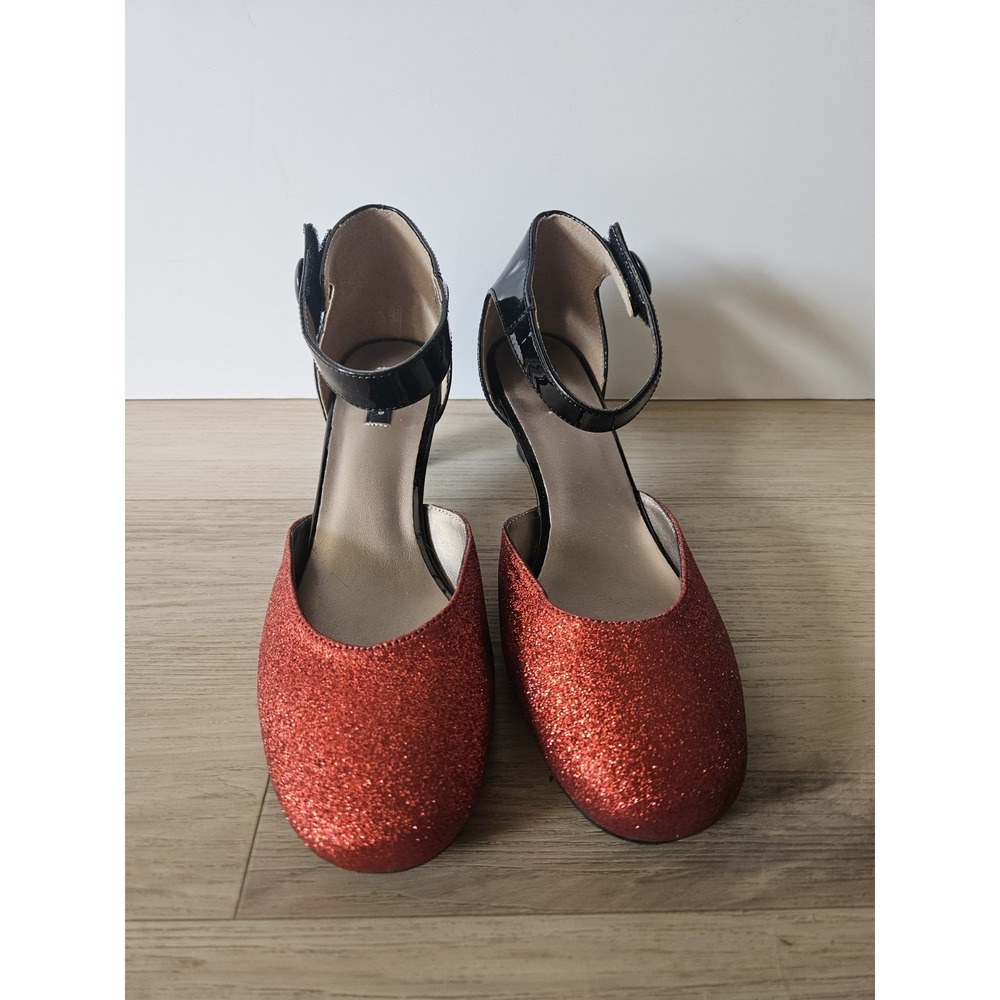 Array Womens Charlie Pumps Red‎ Glitter Sparkle Black Ankle Strap Heels Size 8.5